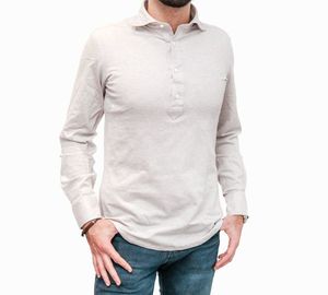 Polo chemise en coton piqué stretch beige slim fit