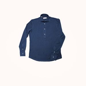 Polo chemise en coton et lin stretch bleu marine slim fit